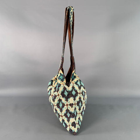 MURIEL BRANDOLINI Blue Brown White Beaded Hand Embroidered Cotton Handbag