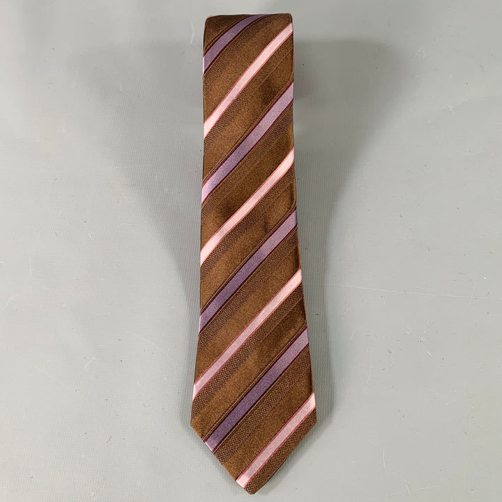 GUCCI Brown Purple Pink Diagonal Stripe Silk Tie