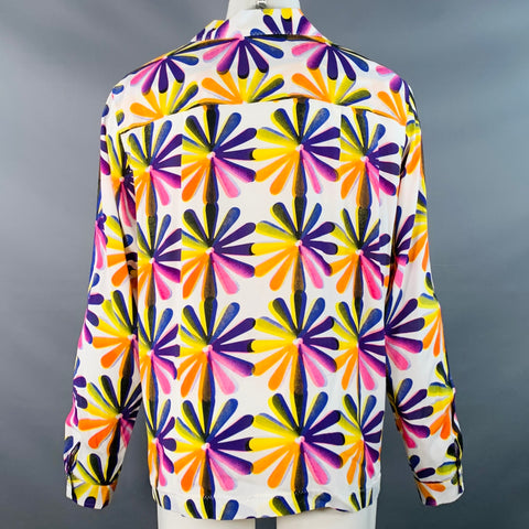 ERL Size M White Multi Color Abstract Floral Rayon One Pocket Long Sleeve Shirt