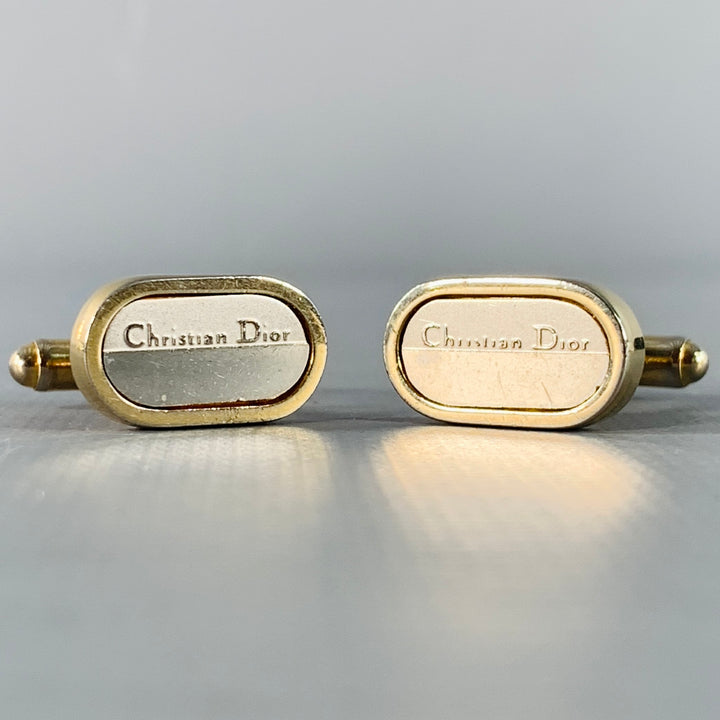 CHRISTIAN DIOR Vintage Gold Silver Logo Metal Cuff Link Tie Clip Set