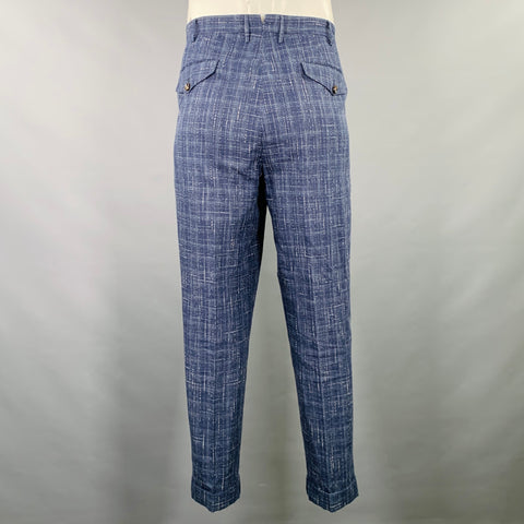 Pantalon décontracté plissé PT01 taille 38, à carreaux marine et blanc, mélange de lin