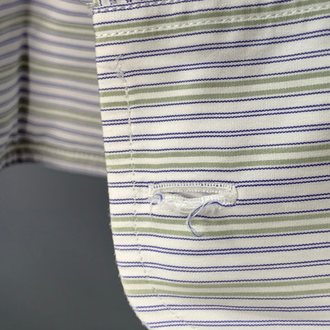 CHARVET Size L White Navy Green Stripe Cotton Curved Cutaway Long Sleeve Shirt