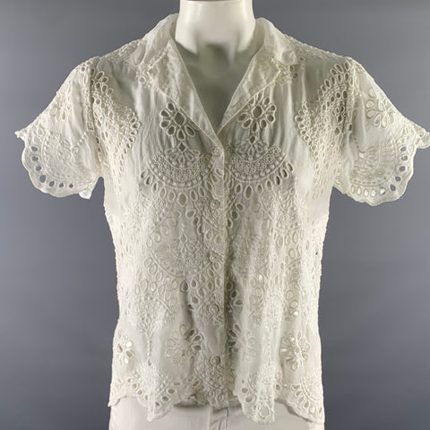 JOHNNY WAS Size XL White Rayon Doily Camp Collar Short Sleeve Shirt
