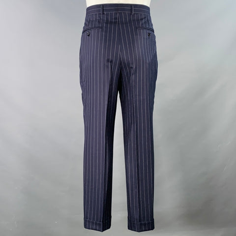 RALPH LAUREN Size 38 Regular Navy White Stripe Wool Notch Lapel Suit