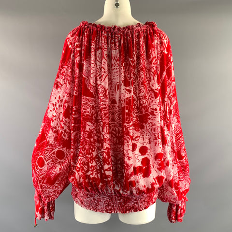 JUST CAVALLI Size L Pink Hot Pink Viscose & Silk Abstract See Through Blouse