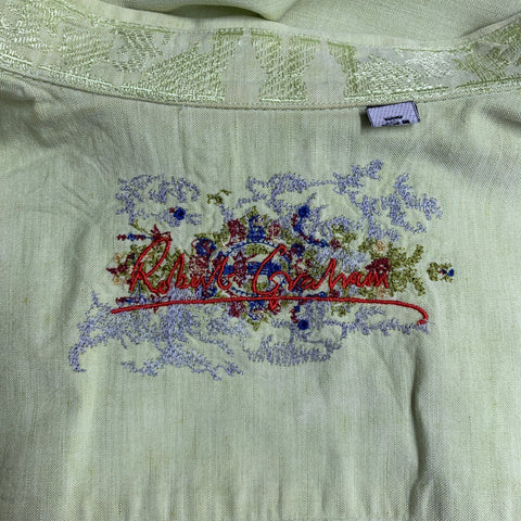ROBERT GRAHAM Size L Green Embroidery Cotton Button Up Short Sleeve Shirt