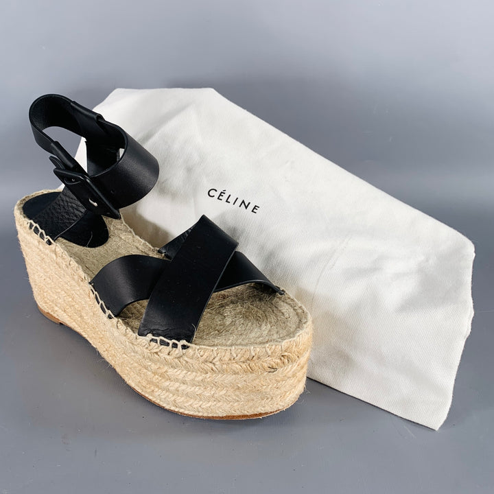 CELINE Size 7 Black Natural Leather Espadrille Sandals