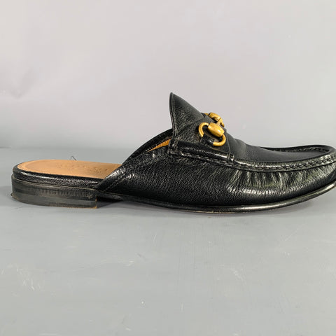 GUCCI Size 7.5 Black Gold Leather Horsebit Slip On Loafers