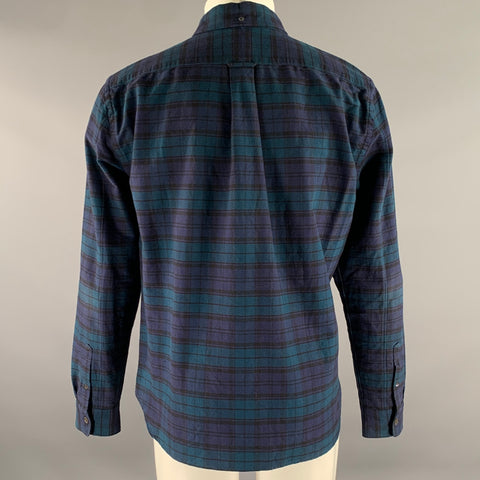 TODD SNYDER Size L Blue Green Black Tartan Cotton Long Sleeve Oxford Shirt
