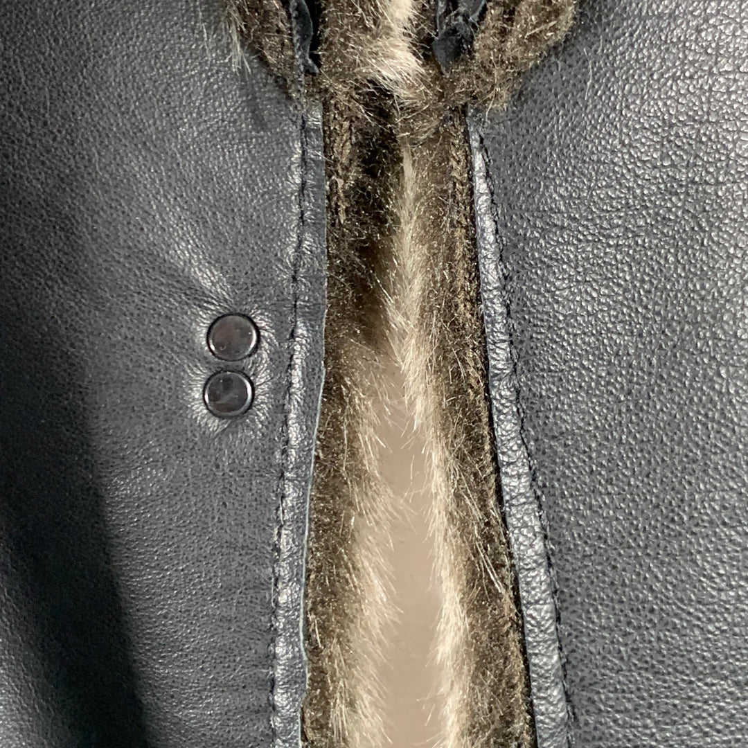 TRIBES Size L Black Grey Leather Faux Fur Open Front Vest
