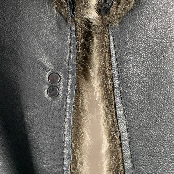 TRIBES Size L Black Grey Leather Faux Fur Open Front Vest