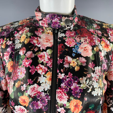 NEIMAN MARCUS Size XS Black Multi-Color Leather Floral Biker Jacket