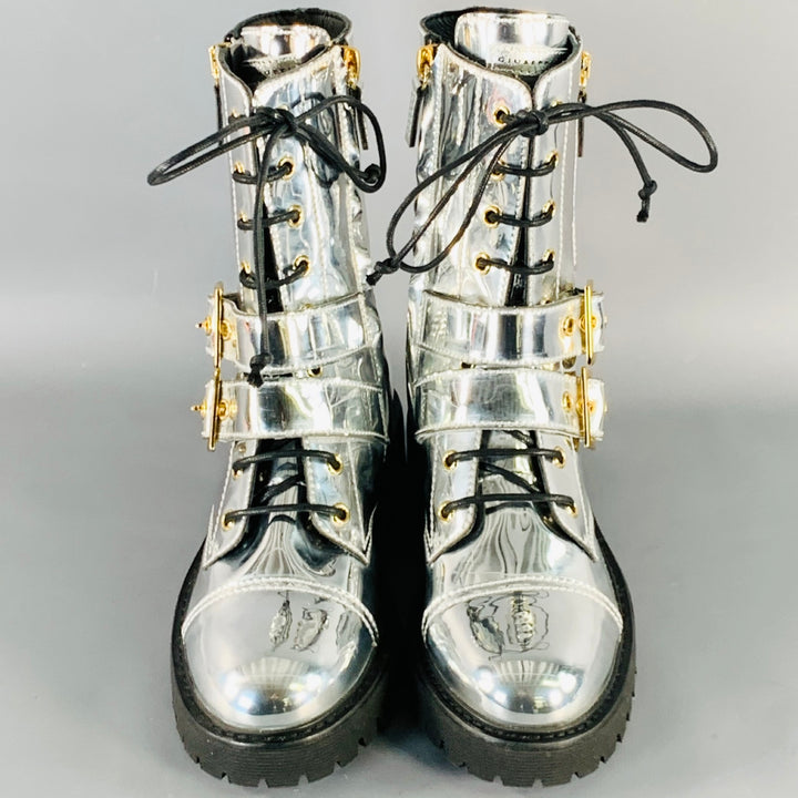 GIUSEPPE ZANOTTI Size 6 Metallic Silver Leather Belted Side Zipper Boots