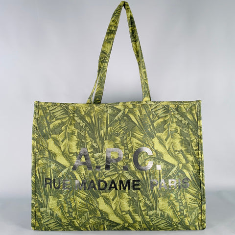 A.P.C. Green Black Tropical Leaves Cotton Canvas Tote Bag