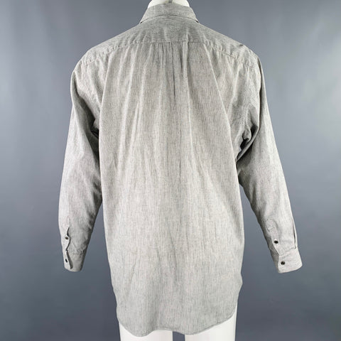 FUJITO Size M Grey White Stripe Cotton Linen One Pocket Long Sleeve Shirt