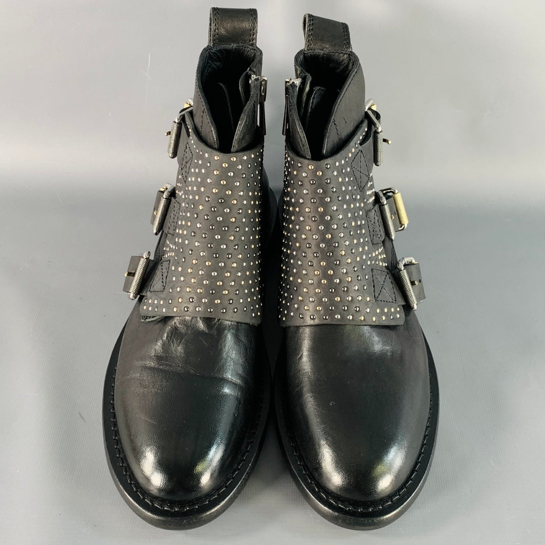 ZADIG & VOLTAIRE Size 8 Laureen Flap Black Studded Leather Belted Side Zipper Boots