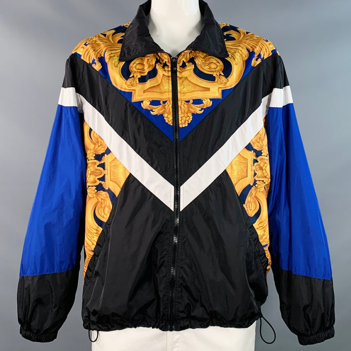VERSACE Size XXL Black Blue Gold Baroque Polyamide Blend Windbreaker Jacket