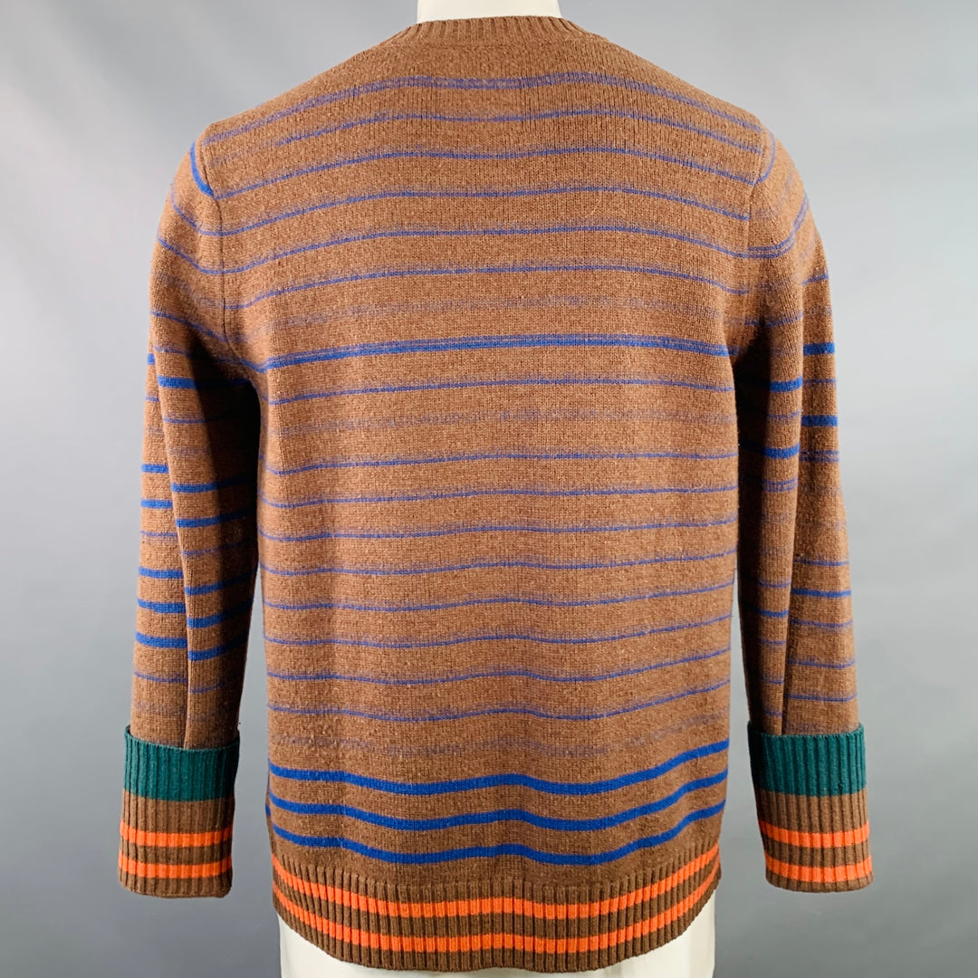 SACAI Size XL Brown Blue Orange Stripe Wool One Pocket Crew Neck Sweater