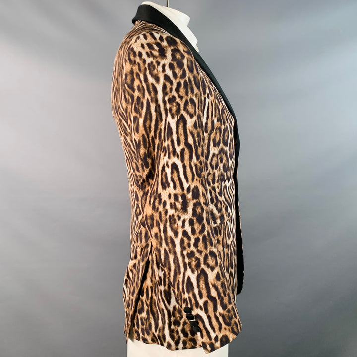 R13 Size L Brown Black White Animal Print Viscose Silk Shawl Collar Sport Coat