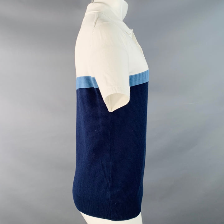 REISS Size S Christie White Blue Navy Stripe Cotton Half Placket Polo