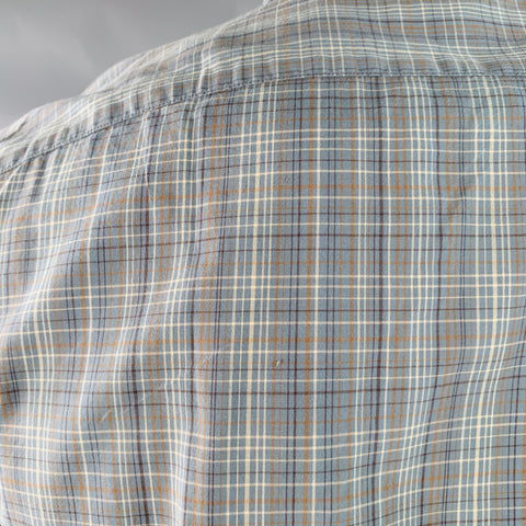 JOHN VARVATOS * U.S.A. Size L Blue Brown White Plaid Cotton Button Down Collar Roll Tab Long Sleeve Shirt