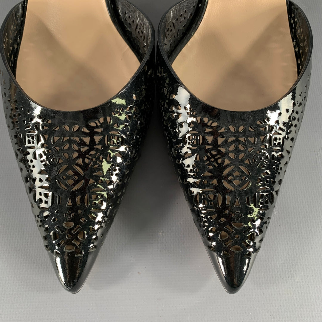 MANOLO BLAHNIK Size 11 Black Perforated Patent Leather Slingback Pumps