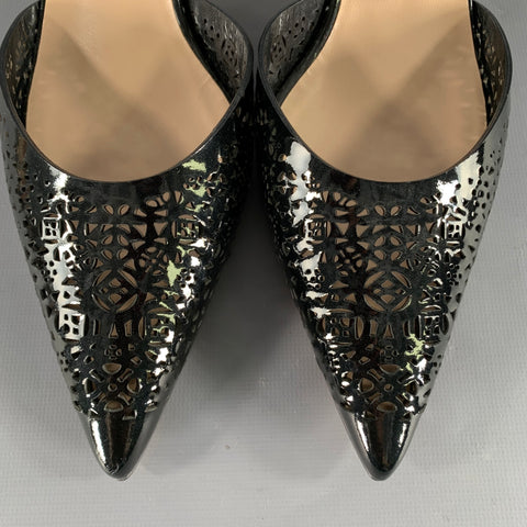 MANOLO BLAHNIK Size 11 Black Perforated Patent Leather Slingback Pumps