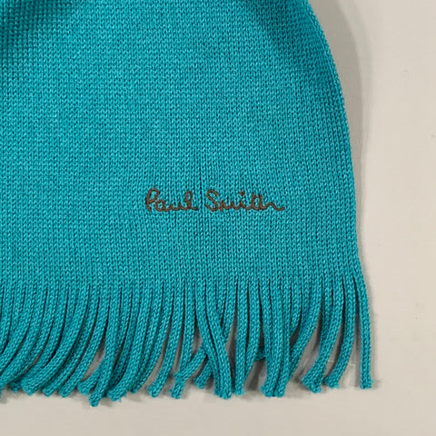 PAUL SMITH Blue Teal Knit Virgin Wool Fringe Scarf