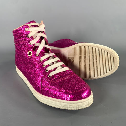 GUCCI Size 8 Pink Metallic Leather High Top Sneakers