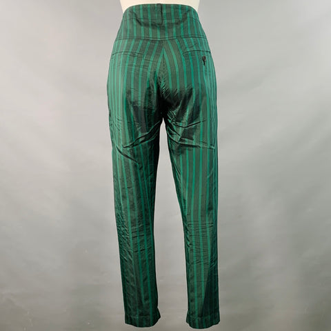 ANN DEMEULEMEESTER Size 6 Green Black Cupro Stripe Flat Front Dress Pants