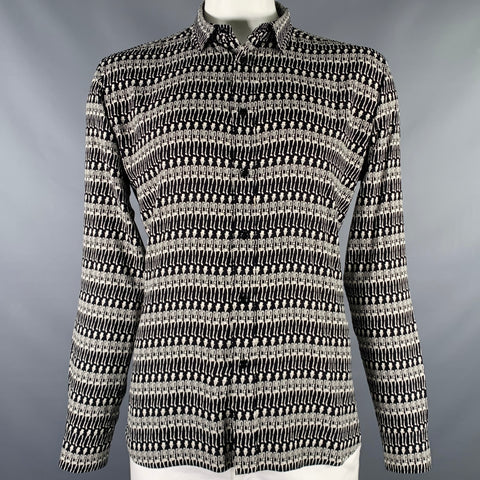 SAINT LAURENT FW16 Size L Black White Skeleton Viscose Button Up Long Sleeve Shirt