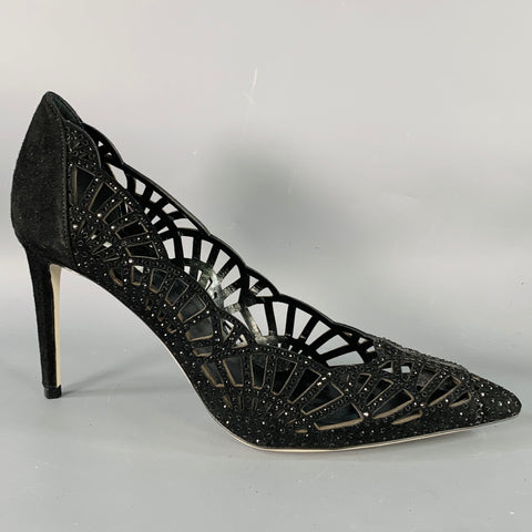 GIORGIO ARMANI Size 8 Black Suede Rhinestones Cutout Stiletto Pumps