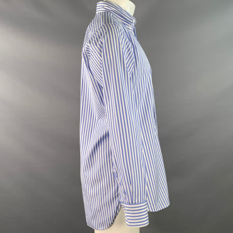 DRAKES LONDON Size M Blue White Stripe Cotton One Pocket Long Sleeve Shirt