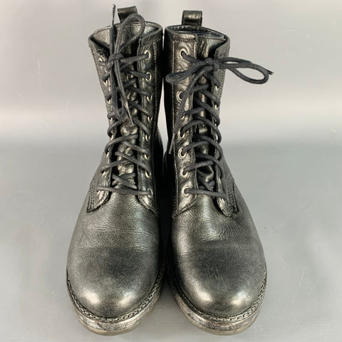 FRYE Size 7 Black Silver Leather Metallic Lace-Up Boots