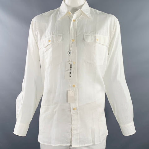 CERRUTI Size L White Linen Two Pockets Long Sleeve Shirt
