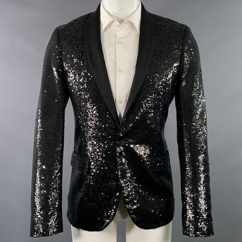 SCOTCH AND SODA Size 40 Black Sequined Polyester Shawl Collar Tuxedo Sport Coat