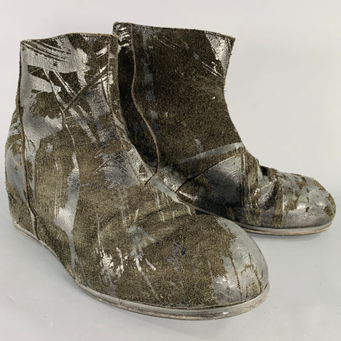 JULIUS_7 Size 9.5 Black Distressed Roughout Leather Wedge Boots
