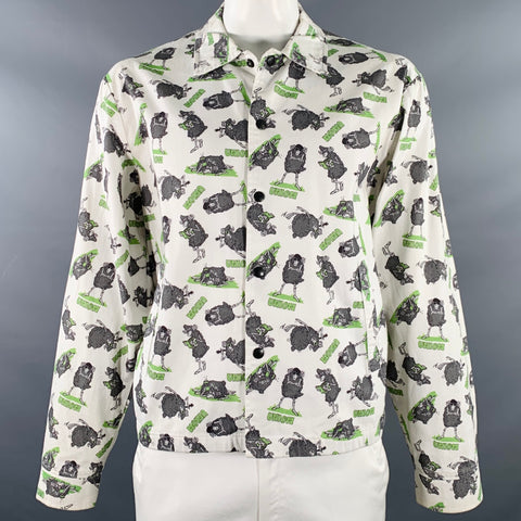 UNION Size L White Green Grey Print Cotton Shirt Jacket
