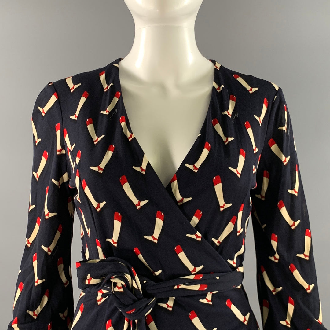 GUCCI Size 2 Navy Red Silk Riding Boots Wrap Knee-Length Dress