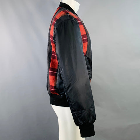 3.1 PHILLIP LIM Size S Black Red Grey Plaid Trim Nylon Bomber Jacket