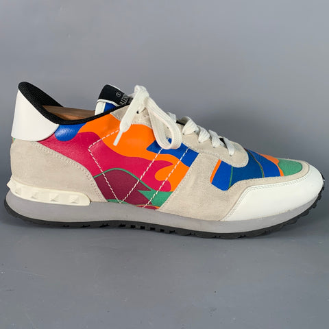 VALENTINO Size 10 White Multi Color Camo Leather Lace-Up Sneakers