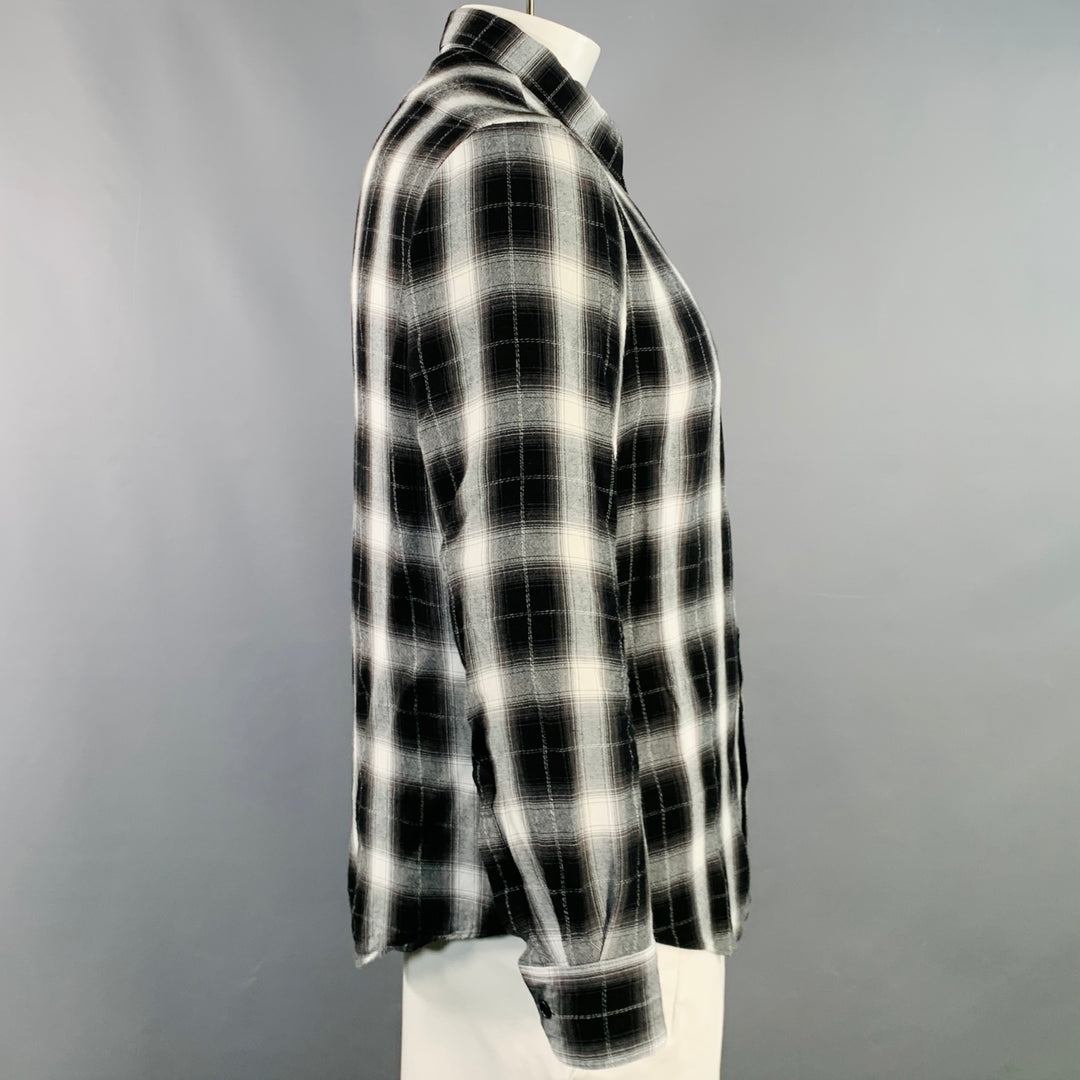 CELINE Size XXL Black White Plaid Viscose Cotton Button Down Long Sleeve Shirt