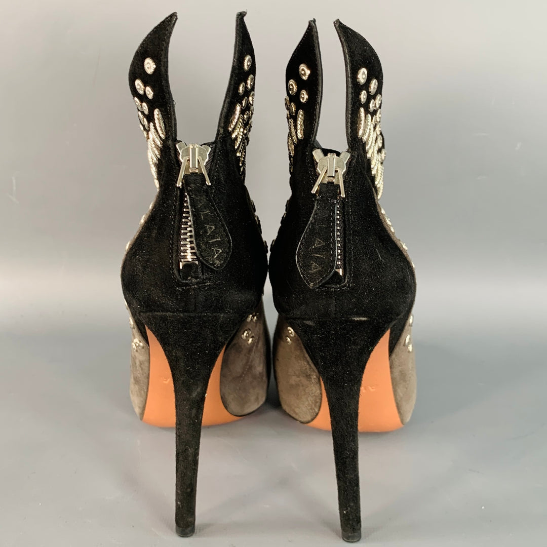 ALAIA Size 7.5 Black Grey Studded Suede Back Zipper Stiletto Booties