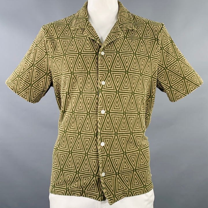 TODD SNYDER Size XL Green Taupe Triangle Cotton Blend Short Sleeve Shirt