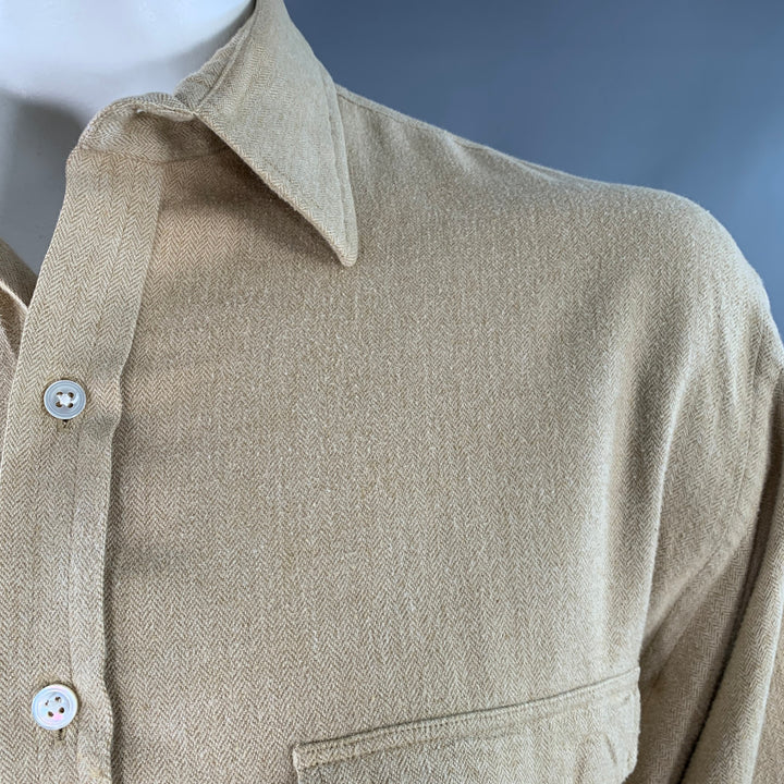 TURNBULL & ASSER Size XL Beige Herringbone Cotton 2 Pockets Long Sleeve Shirt