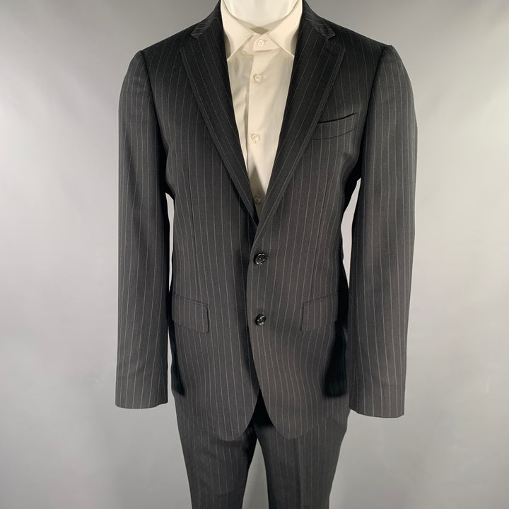 D'URBAN Chest Size 40 Black Silver Pinstripe Wool Notch Lapel Suit