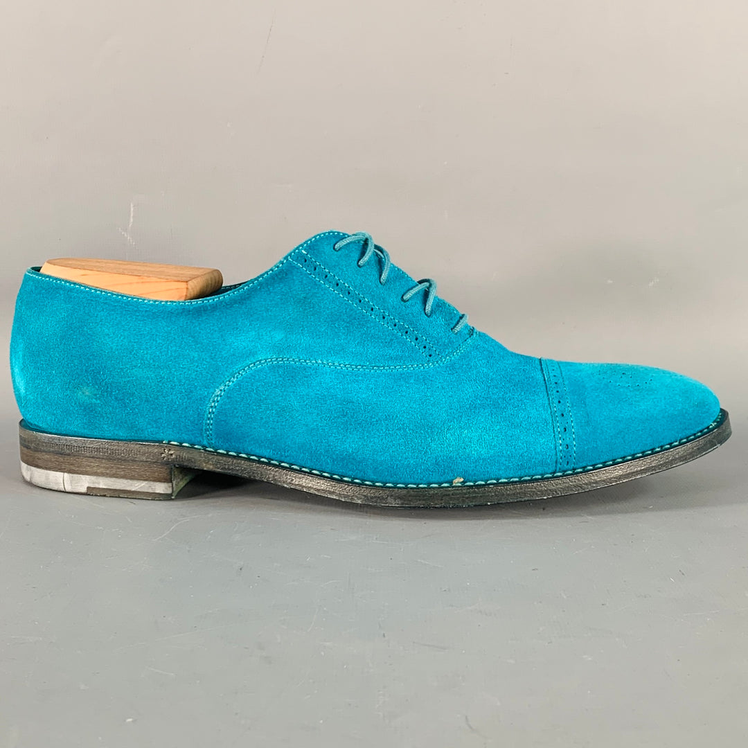 PAUL SMITH Size 9 Aqua Perforated Suede Leather Cap Toe Lace-Up Shoes Sui Generis Designer Consignment PAUL SMITH Size 9 Aqua Perforated Suede Leather Cap Toe Lace-Up Shoes Sui Generis Designer Consignment