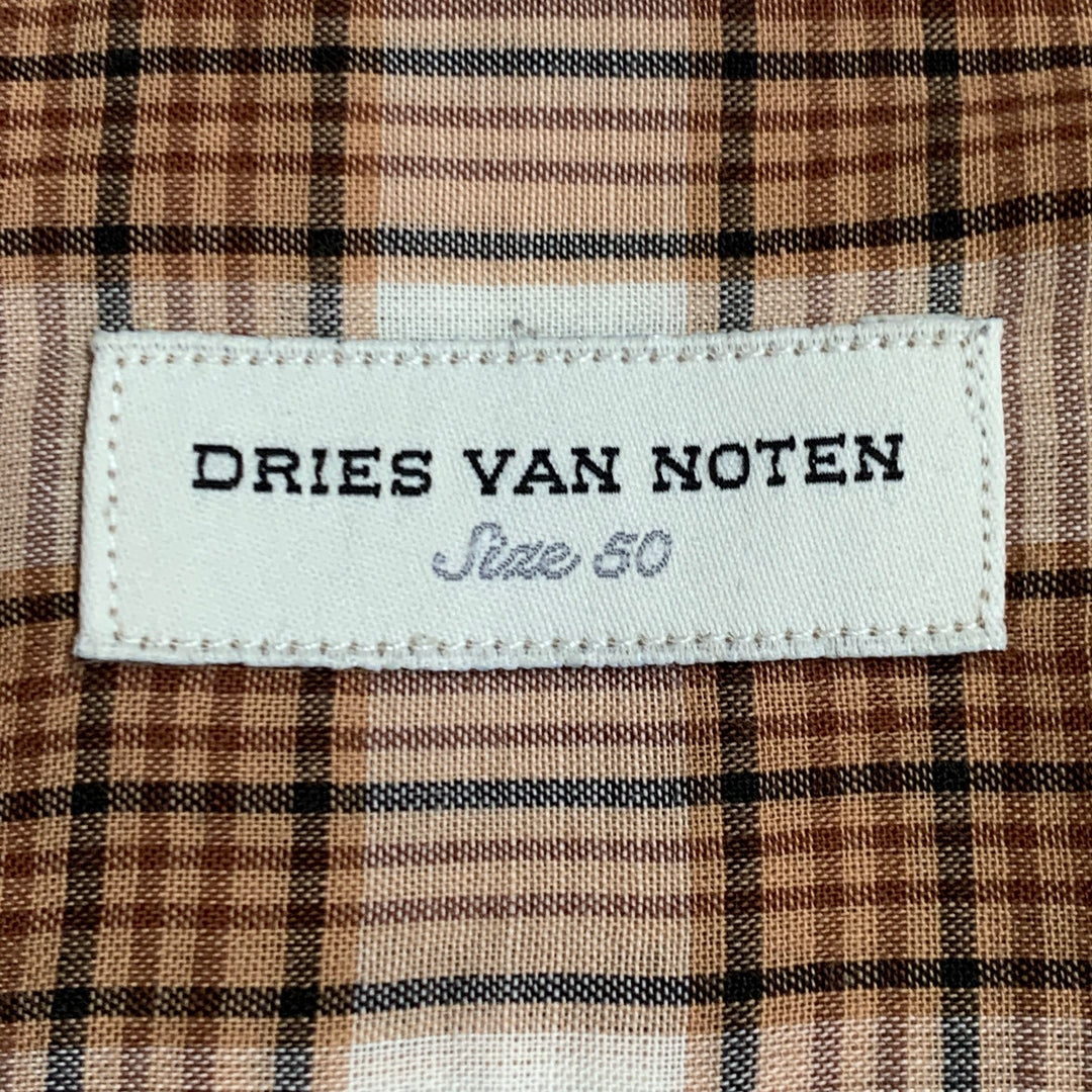 DRIES VAN NOTEN Size M Cream Brown Black Plaid Cotton Sheer Short Sleeve Shirt