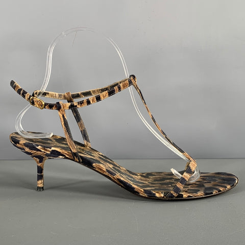 DOLCE & GABBANA Size 9 Brown Black Fabric Animal Print T- Strap Sandals