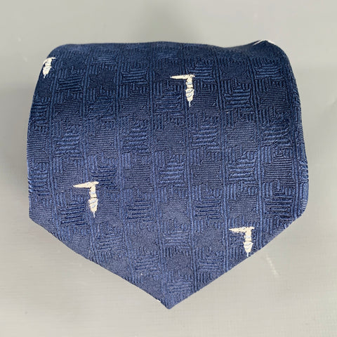 TRUSSARDI Navy White Textured Logo Silk Tie